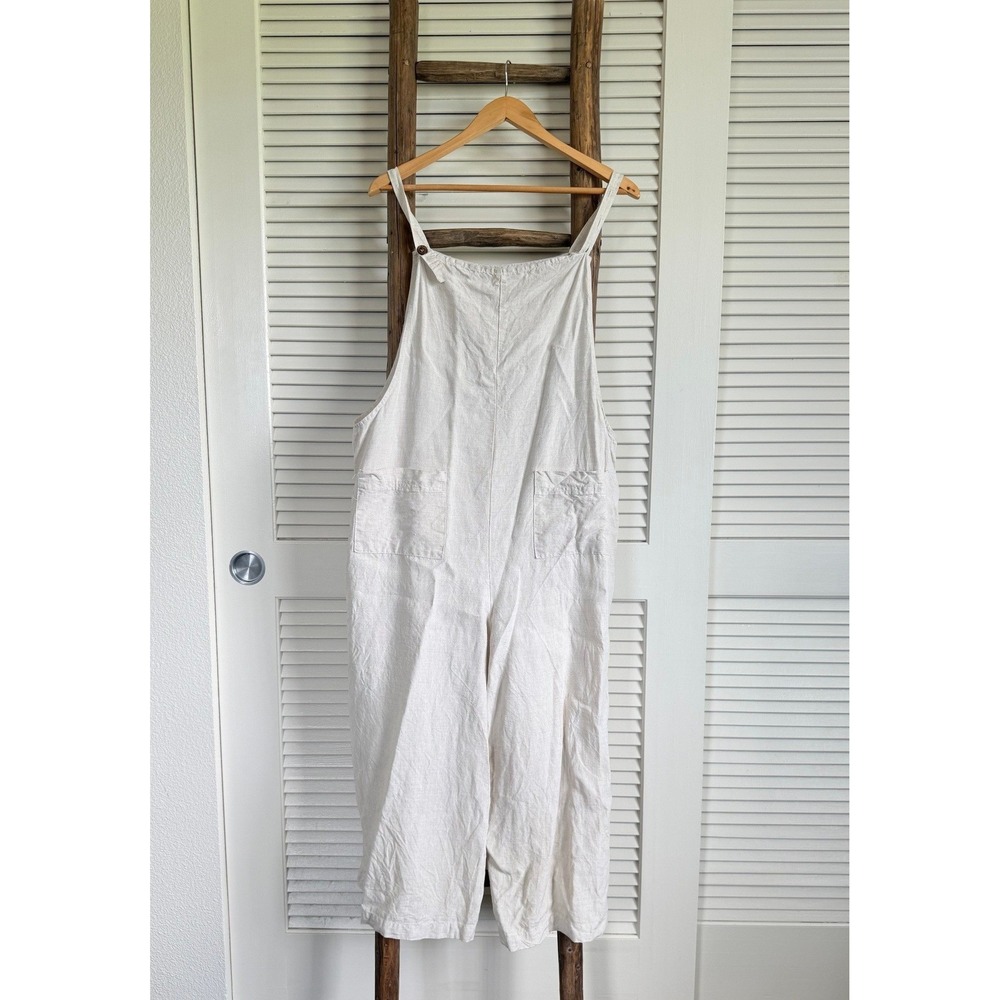 4our Dreamers Overalls Large Cream 100% Linen Wide Leg Adjustable Strap Jumpsuit